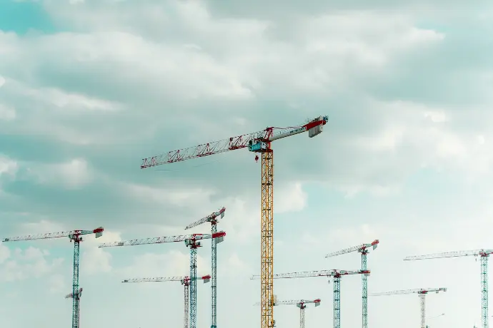 a group of cranes sitting next to each other on top of a field